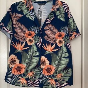 Allegra K Navy Button-Front Tropical Floral Shirt with Orange Accents